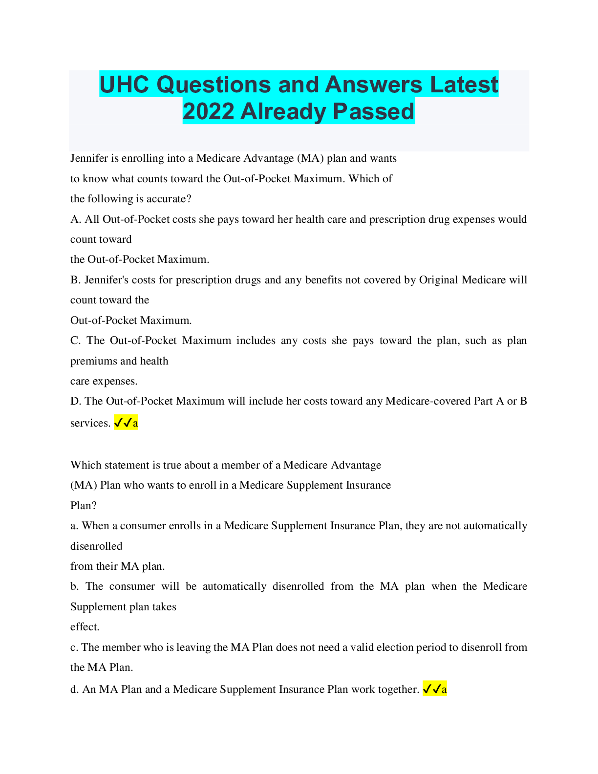 Preview image for UHC Questions and Answers Latest 2022 Already Passed